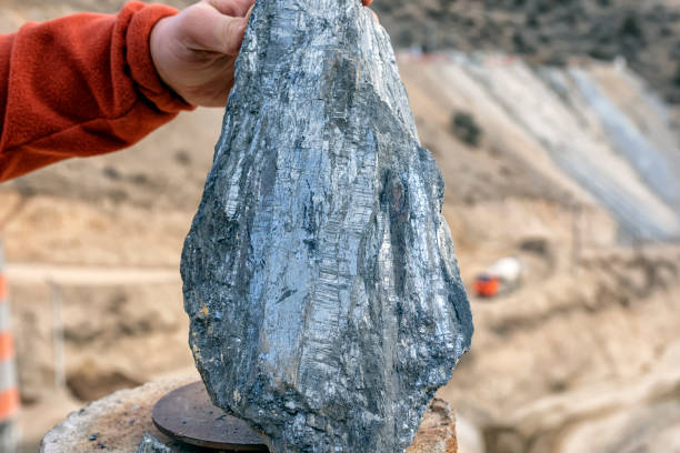 View of the graphite specimen. It is a crystalline form of the element carbon with its atoms arranged in a hexagonal structure. It occurs naturally in this form and is the most stable form of carbon. View of the graphite specimen. It is a crystalline form of the element carbon with its atoms arranged in a hexagonal structure. It occurs naturally in this form and is the most stable form of carbon. lead mine stock pictures, royalty-free photos & images