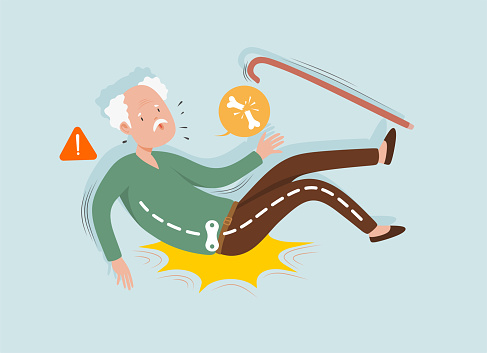 old man falling down and get bone fracture cartoon character