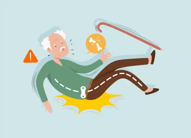 Vector illustration of old man falling down and get bone fracture cartoon character