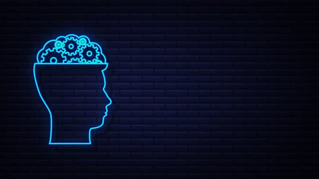 Neon icon with silhouette man head gears. Mental health concept. Business concept. Motion Graphic