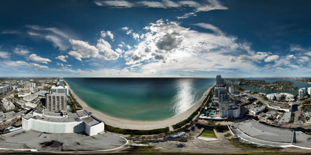 istock Aerial 360 vr drone panorama equirectangular over hotels in Miami Beach 1367336938