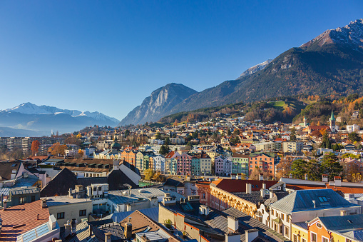 Aerial landmark ща Innsbruck. Panorama of old town and mountains on background, Innsbruck. Picturesque landscape of Austrian Alps.