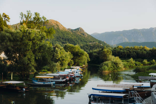 malerischer blick auf den sonnenuntergang über dem fluss mit booten und grünen hügeln im skadar lake national park, montenegro - motorboat fishing cruise ship dawn stock-fotos und bilder