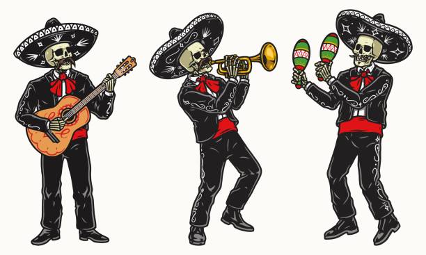 illustrations, cliparts, dessins animés et icônes de orchestre squelette mariachi avec instruments de musique - hat band