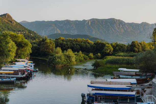 malerischer blick auf den sonnenuntergang über dem fluss mit booten und grünen hügeln im skadar lake national park, montenegro - motorboat fishing cruise ship dawn stock-fotos und bilder