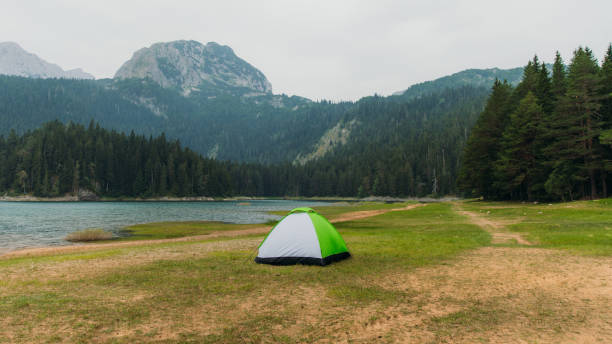 Scenic view of the tent on the green meadow by the beautiful Black Lake with view of the mountain peak and pine forest in Durmitor National park, Montenegro