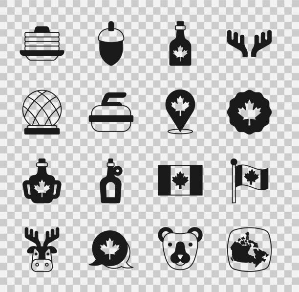 illustrazioni stock, clip art, cartoni animati e icone di tendenza di imposta mappa del canada, bandiera di, foglia d'acero canadese, sciroppo di bottiglia, pietra per curling, biosfera di montreal, stack pancake e icona. vettore - syrup maple leaf leaf maple tree