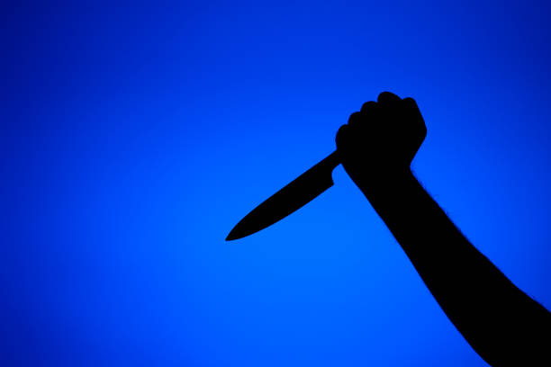 istock Silhouette on a male arm holding a long kitchen knife threateningly. Close up studio shot, isolated on blue background 1367340061