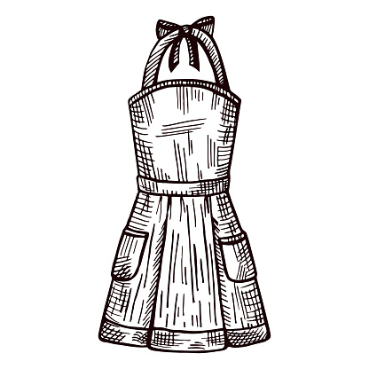 Apron pinafore isolated. Housewife inventory for kitchen in hand drawn style. Engraved design for poster, print, book illustration, logo, icon, tattoo. Vintage vector illustration.