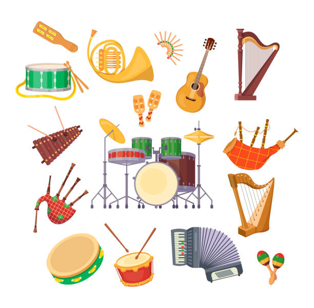 illustrations, cliparts, dessins animés et icônes de définir des instruments acoustiques en bois métal de musique classique - flute musical instrument music key