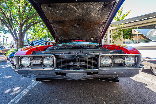 Fernandina Beach, FL - October 18, 2014: Wide angle low perspective front view of a 1968 Oldsmobile 442 hardtop coupe at a classic car show in Fernandina Beach, Florida.