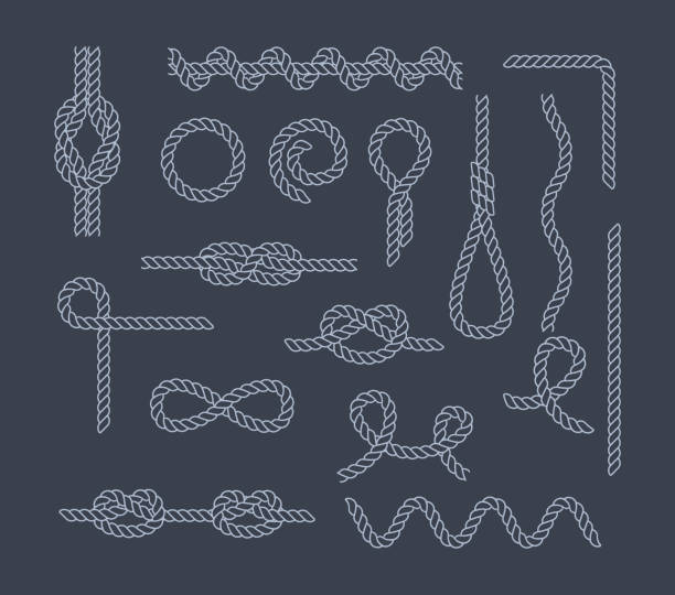 satz von meer-knoten und schleifen. kabel-seil, gebunden, ungebunden. - rope stock-grafiken, -clipart, -cartoons und -symbole