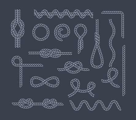 Set of various marine sea knots and loops. Elements for fabric, wallpaper, background, web design. Marine rope and nautical knot flat vector illustration isolated.