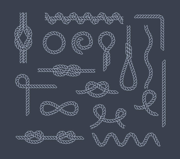 Set of sea knots and loops. Cable rope, tied, untied. vector art illustration