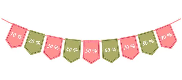 Vector illustration of Garland of flags, bunting banner for sales with discount offers. Vector illustration. Flat style. Pink and green.