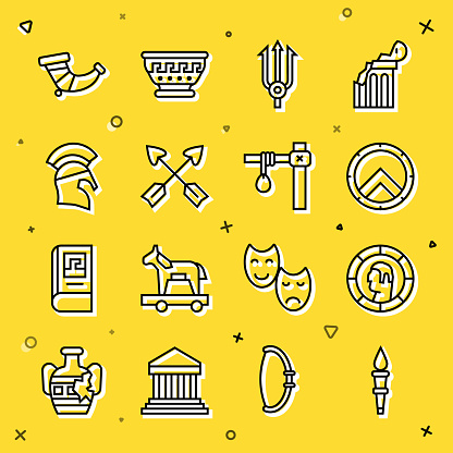 Set line Torch flame Ancient Greek coin shield Neptune Trident Crossed arrows helmet Hunting horn and Gallows icon. Vector.