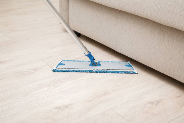 mop pad in microfibra con pavimento in laminato leggero per il lavaggio del bastone sotto il divano beige nel soggiorno. primo piano. pulizia regolare della casa. - chores wood wet indoors foto e immagini stock