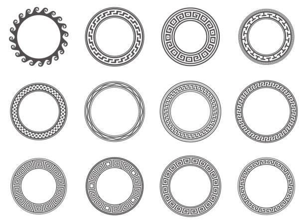 illustrazioni stock, clip art, cartoni animati e icone di tendenza di cerchio cornici greche. bordi rotondi del meandro. motivi di elementi decorativi. illustrazione vettoriale isolata su sfondo bianco. - ancient greece immagine