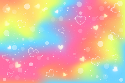 Rainbow fantasy background. Holographic illustration in neon colors. Cute cartoon girly background. Bright multicolored sky with bokeh and hearts. Vector illustration