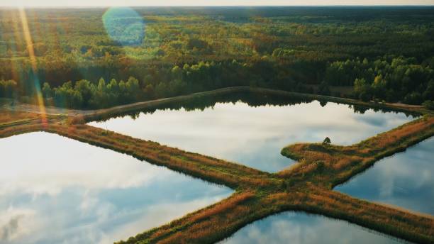 bassins de rétention de vue aérienne, étang humide, bassin de détention humide ou étang de gestion des eaux pluviales, est un étang artificiel avec de la végétation autour du périmètre, et comprend un bassin permanent d’eau dans sa conception - retention pond photos et images de collection