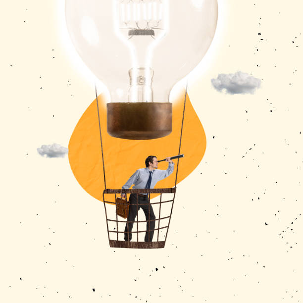 collage di arte contemporanea. uomo d'affari che vola in mongolfiera e guarda nel telescopio simboleggiando il futuro affare di successo, l'invenzione - light bulb businessman inspiration ideas foto e immagini stock