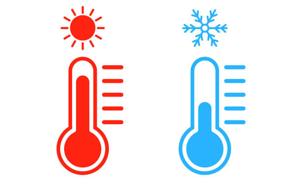 комплект с синим и красным термометром на белом фоне. холодная и жаркая погода. - high cool stock illustrations