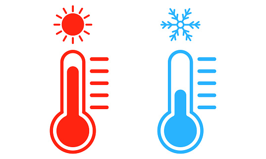 Set with blue and red thermometer on white background. Cold and hot weather. Vector Eps.