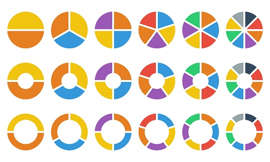 Pie charts diagrams. Circle pie chart.  2, 3, 4, 5, 6, 8 segment infographic. Business circle. Vector set.