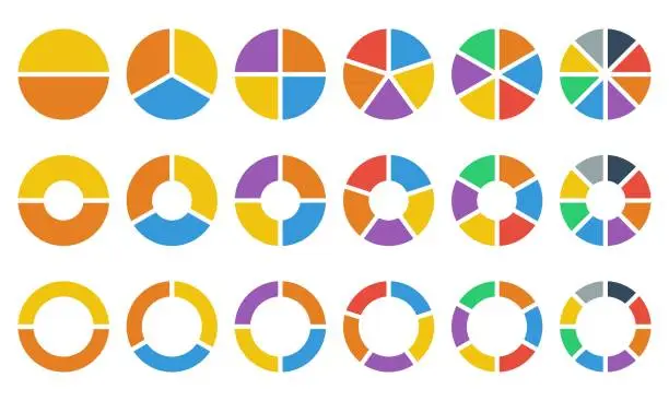 Vector illustration of Pie charts diagrams. Circle pie chart.  2, 3, 4, 5, 6, 8 segment infographic. Business circle.