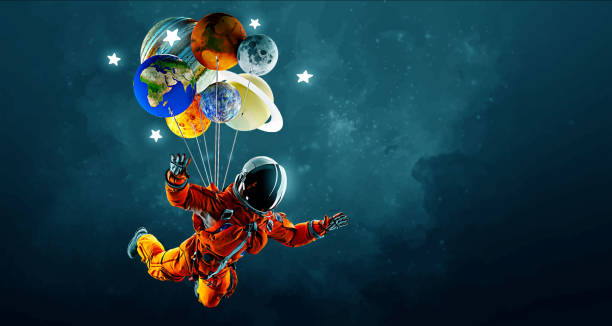 astronauta z balonami i planetami na tle kosmosu. ilustracja wektorowa - nieważkość stock illustrations