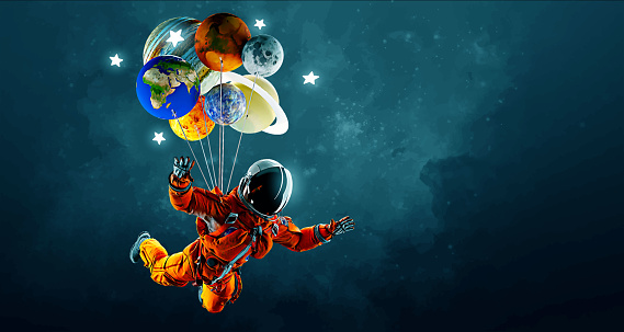 Astronaut With Balloons And Planets On The Background Of The Space ...