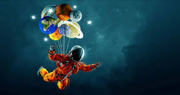 Vector illustration of Astronaut with balloons and planets on the background of the space. Vector illustration