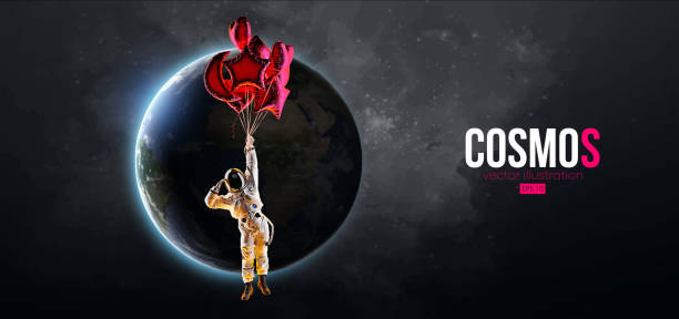 astronauta z balonami i planetami na tle ziemi i kosmosu. ilustracja wektorowa - art astronomy space stratosphere stock illustrations