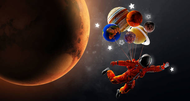 Astronaut with balloons and planets on the background of the mars and space. Vector illustration Astronaut with balloons and planets on the background of the mars and space. Vector illustration space suit stock illustrations