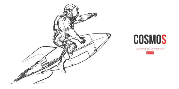 Vector illustration of Astronaut on a rocket on the white background of the moon and space. Vector illustration