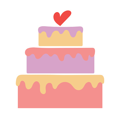 Valentine’s day cake icon isolated on white background. Cute sweets food. Homemade cake with pink heart. Flat design cartoon style dessert. Editable vector illustration for website, invitation, postcard and sticker