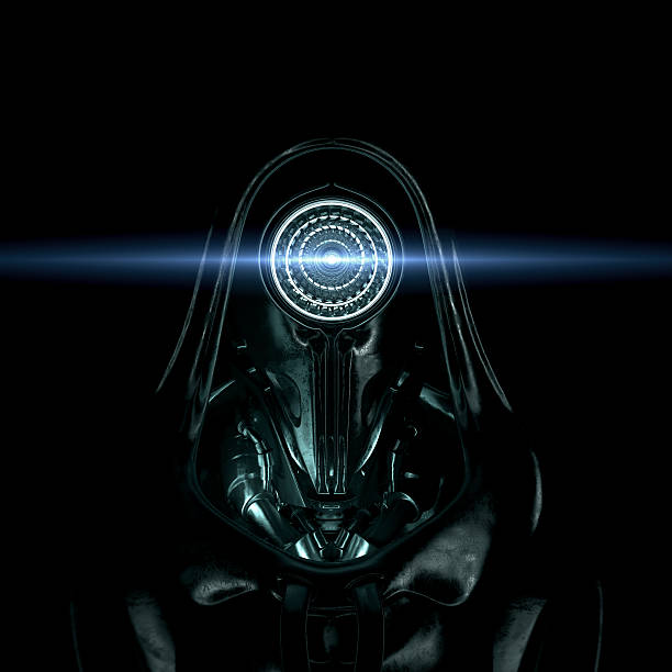 Stylish black cyborg with flashing eye in cool cloak