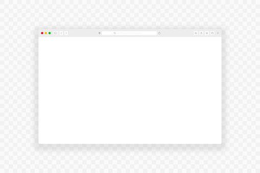 Browser window. Realistic empty web page with toolbar, search and shadow. Browser window mockup on transparent background. Vector illustration.
