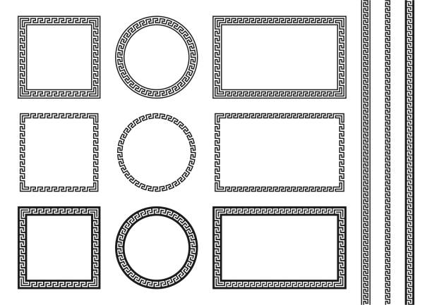 구불구불한 프레임, 요소 및 패턴 세트. 구형은 매끄러운 브러시와 패턴으로 다양한 기하학적 모양으로 테두리를 제공합니다. 그레시안 고대 스타일과 메안드로 그리스 장식의 프레임 디자인. - classical greek stock illustrations