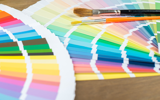 Color samples, brushes and paints for creative design