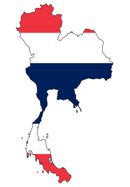 mapa thajska s vlajkou - obrys státu s národní vlajkou, bílé pozadí - thailand map stock ilustrace
