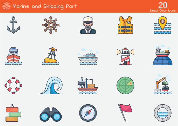 ilustrações, clipart, desenhos animados e ícones de ícones de cores da linha de linha da porta marinha e marítima - buoy anchored sea wave
