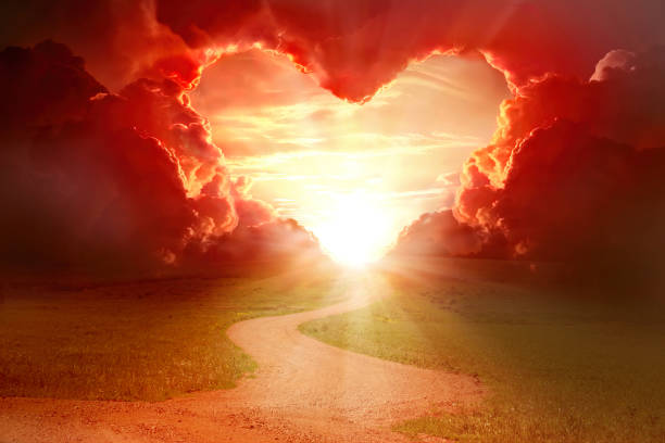 red heart shaped sky at sunset. beautiful landscape with flowers.love background with copy space. road to love - spiritualiteit stockfoto's en -beelden