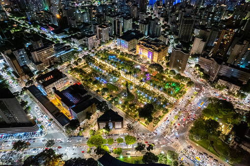 Aerial view of the city of Belo Horizonte at night, Minas Gerais, Brazil.