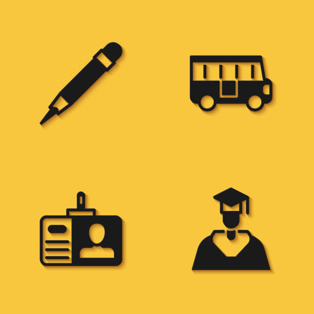 ilustrações de stock, clip art, desenhos animados e ícones de set pencil with eraser, graduate and graduation cap, identification badge and school bus icon with long shadow. vector - university graduation car student