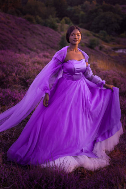 belle princesse de fantaisie féminine noire dans un cadre de conte de fées de bruyère rurale - empire dress photos et images de collection