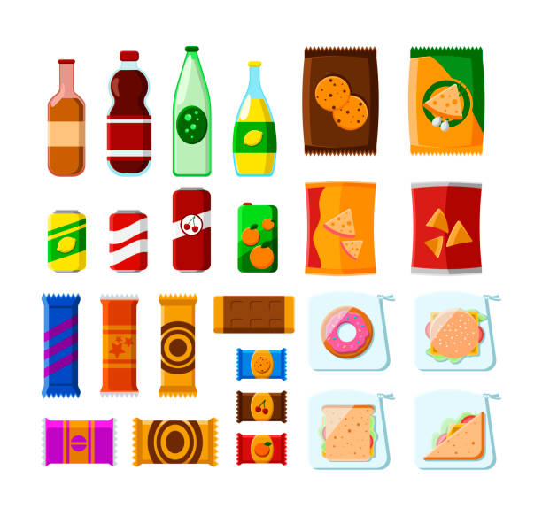 ilustrações de stock, clip art, desenhos animados e ícones de snack products for vending machine vector illustrations set - cookie chocolate chip chocolate chip cookie cartoon