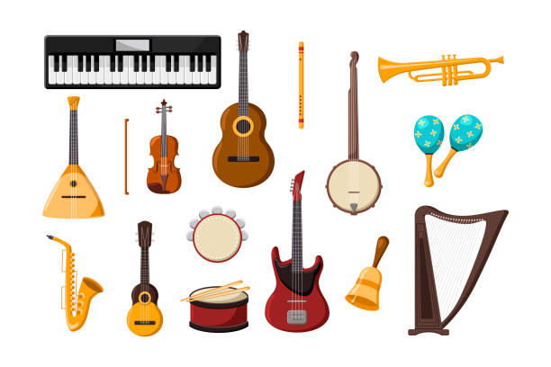 Various musical instruments cartoon illustration set Various musical instruments cartoon illustration set. Accordion, trombone, acoustic and electric guitar, piano, drum, whistle flute, saxophone, harp isolated on white background. Music, hobby concept musical instrument stock illustrations