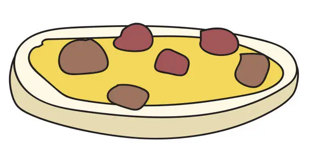Vector illustration of Doodle cartoon bruschetta snack with butter and meatballs. Bar restaurant menu ads, card, farmers market food decor, website design