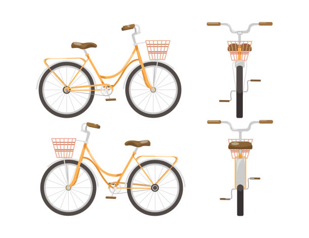 braunes fahrrad mit korb für familienfahrten cartoon illustration set - fahrradkorb stock-grafiken, -clipart, -cartoons und -symbole